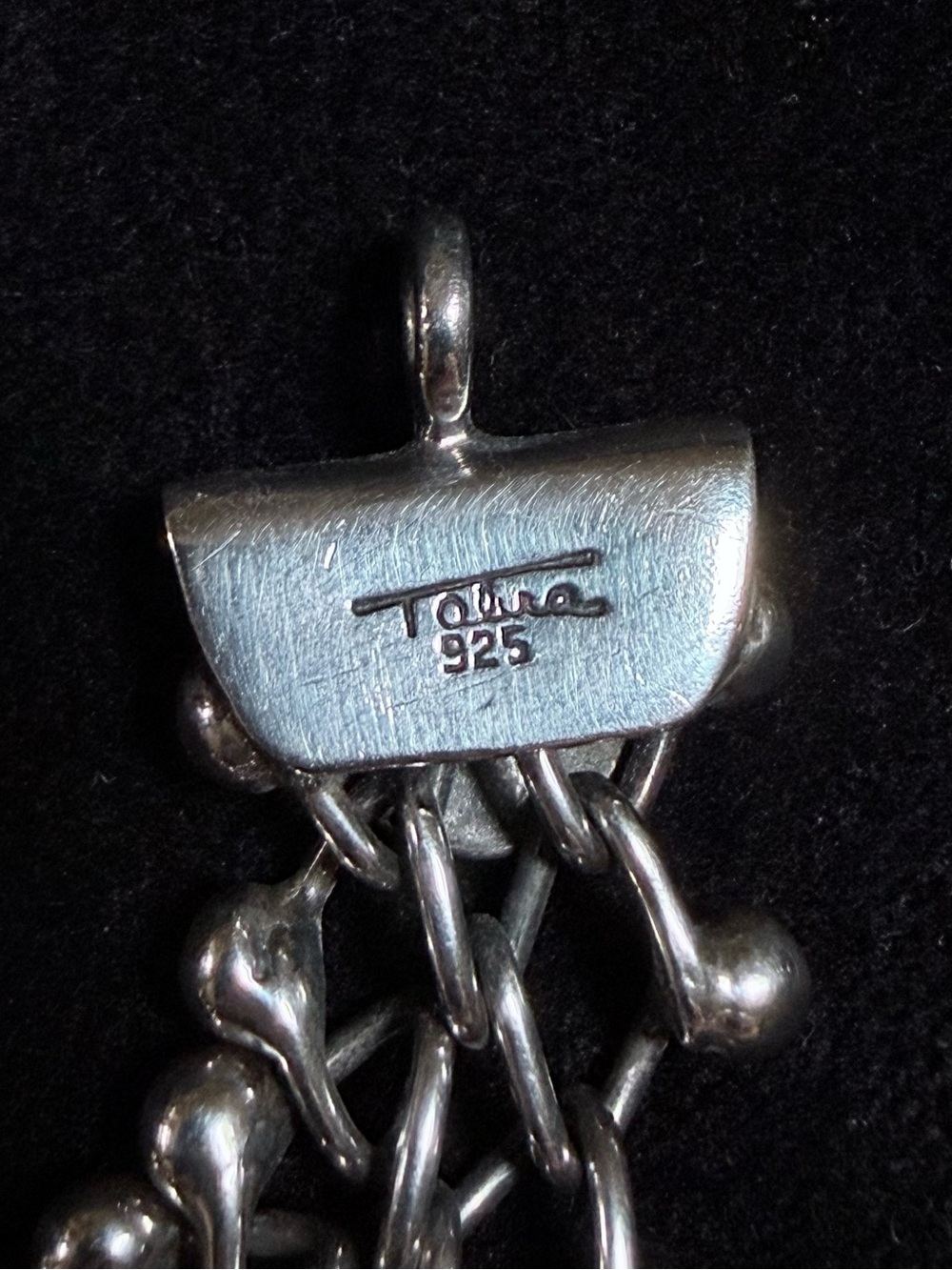 Vintage Tabra Bone Carved Cat Charm & Tabra Silver 925 Connector Bracelet Chain - Picture 9 of 11